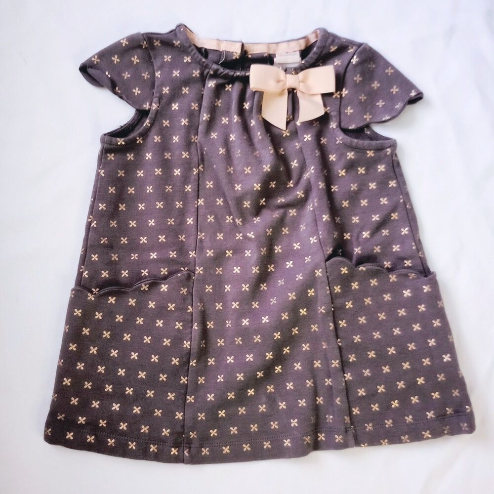 Catherine Malandrino Gray Dress w/Gold Pattern Print sz 4 Girls Scallop Pockets